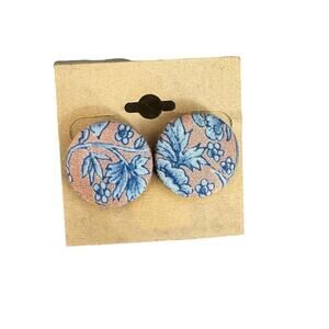 Blue Floral Button Earrings Made with Damaged Vintage Fabric